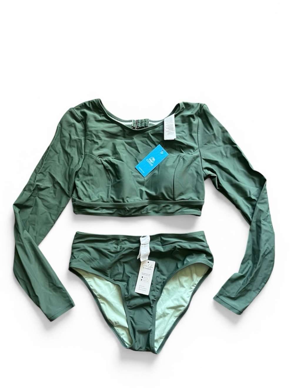 Cupshe Olive Green Long Sleeve Bikini Top & High Waist Bikini bottoms Sz M - NWT